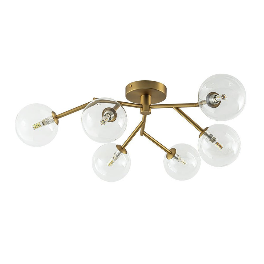 Chandelierias - Mid - century 6 - Light Clear Glass Globe Branch Semi - Flush Mount - Semi Flush - Gold - 