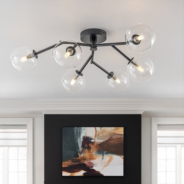 Chandelierias - Mid - century 6 - Light Clear Glass Globe Branch Semi - Flush Mount - Semi Flush - Matte Black - 