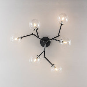 Chandelierias - Mid - century 6 - Light Clear Glass Globe Branch Semi - Flush Mount - Semi Flush - Matte Black - 