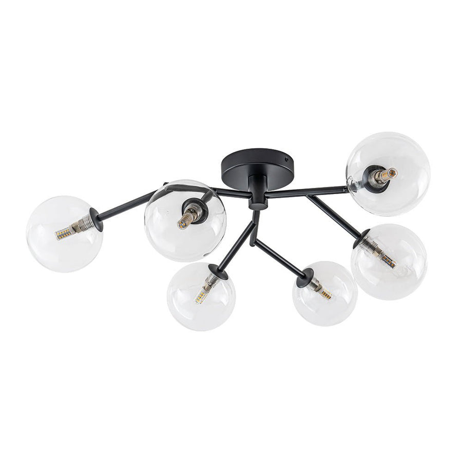 Chandelierias - Mid - century 6 - Light Clear Glass Globe Branch Semi - Flush Mount - Semi Flush - Matte Black - 