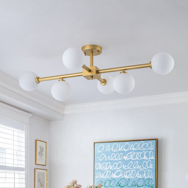 Chandelierias - Mid - Century 6 - Light Frosted Glass Linear Sputnik Semi Flush Mount - Semi Flush - 6 Bulbs - 