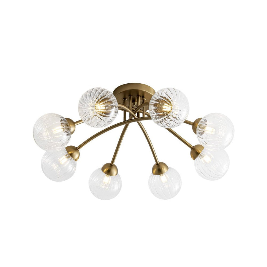 Chandelierias - Mid - century 6 - Light Vertically Ribbed Glass Globe Sputnik Semi - Flush Mount - Chandelier - Brushed Gold - 