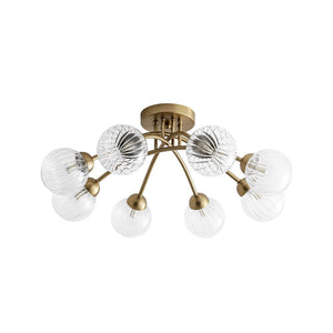 Chandelierias - Mid - century 6 - Light Vertically Ribbed Glass Globe Sputnik Semi - Flush Mount - Chandelier - Brushed Gold - 