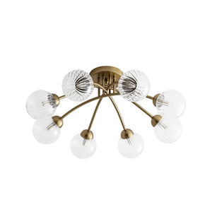 Chandelierias - Mid - century 6 - Light Vertically Ribbed Glass Globe Sputnik Semi - Flush Mount - Chandelier - Brushed Gold - 