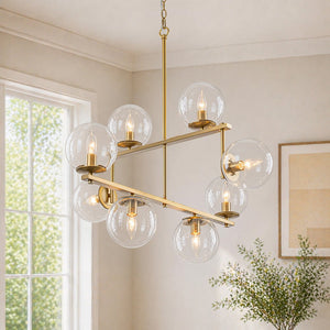Chandelierias - Mid - century 8 - Light Airy Clear Glass Linear Chandelier - Chandeliers - Brass - 