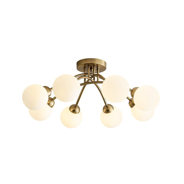Chandelierias - Mid - century 8 - Light Glass Globe Sputnik Semi - Flush Mount - Chandelier - Brushed Gold - Frosted White