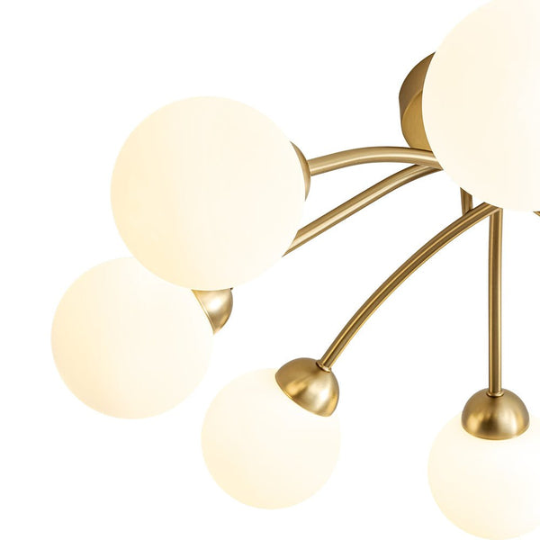 Chandelierias - Mid - century 8 - Light Glass Globe Sputnik Semi - Flush Mount - Chandelier - Brushed Gold - Frosted White