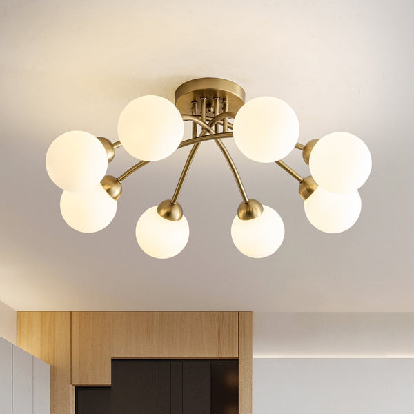 Chandelierias - Mid - century 8 - Light Glass Globe Sputnik Semi - Flush Mount - Chandelier - Brushed Gold - Frosted White