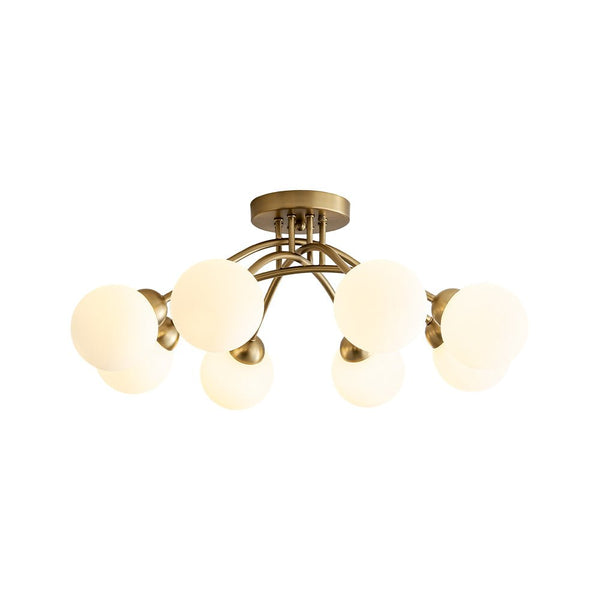 Chandelierias - Mid - century 8 - Light Glass Globe Sputnik Semi - Flush Mount - Chandelier - Brushed Gold - Frosted White