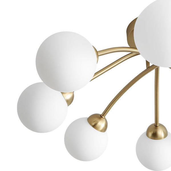 Chandelierias - Mid - century 8 - Light Glass Globe Sputnik Semi - Flush Mount - Chandelier - Brushed Gold - Frosted White