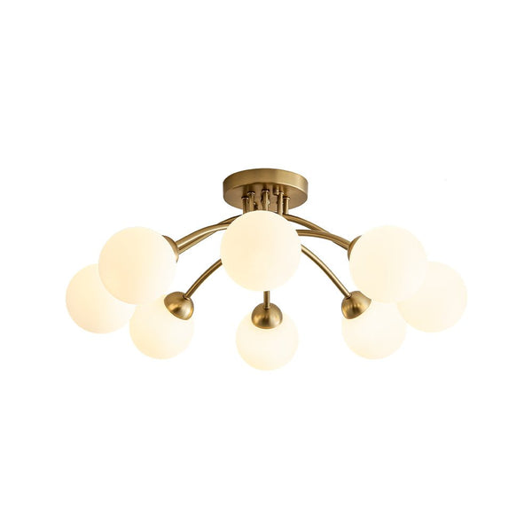 Chandelierias - Mid - century 8 - Light Glass Globe Sputnik Semi - Flush Mount - Chandelier - Brushed Gold - Frosted White