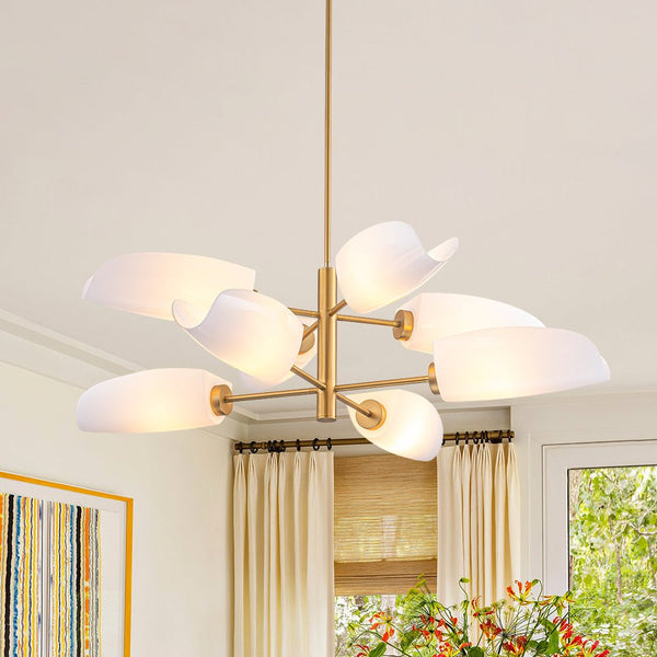 Chandelierias - Mid - Century 8 - Light Glossy Leaf Glass Sputnik Tiered Chandelier - Chandelier - Brass - 