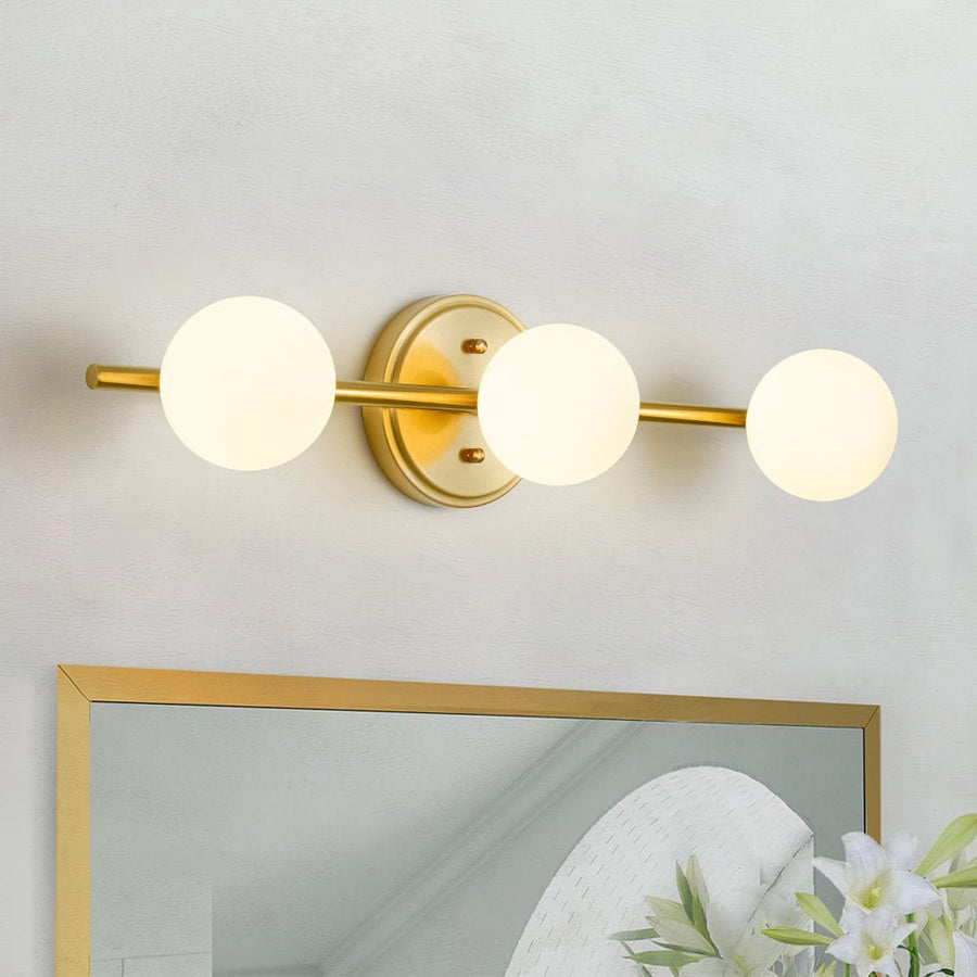 Chandelierias - Mid - century Aged Brass Glass Globe Linear Vanity Light - Wall Light - 3 Bulbs - 