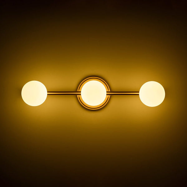 Chandelierias - Mid - century Aged Brass Glass Globe Linear Vanity Light - Wall Light - 3 Bulbs - 