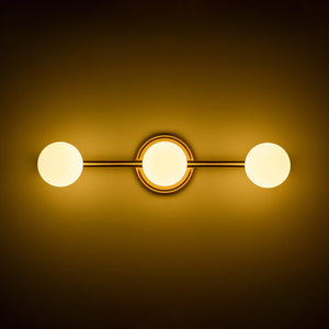 Chandelierias - Mid - century Aged Brass Glass Globe Linear Vanity Light - Wall Light - 3 Bulbs - 