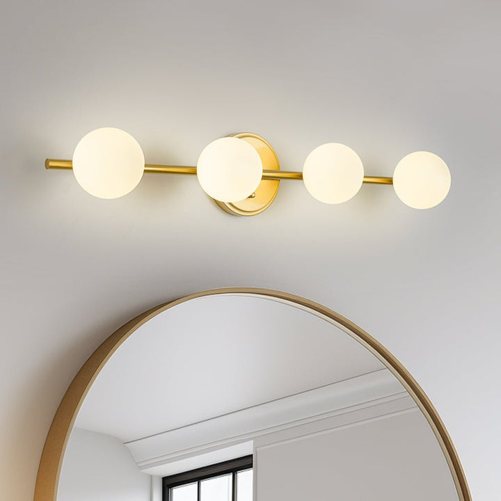 Chandelierias - Mid - century Aged Brass Glass Globe Linear Vanity Light - Wall Light - 4 Bulbs - 