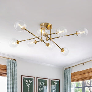 Chandelierias-Mid Century Brass 8-Light Clear Glass Sputnik Linear Semi-flush Mount-Semi Flush-Brass-