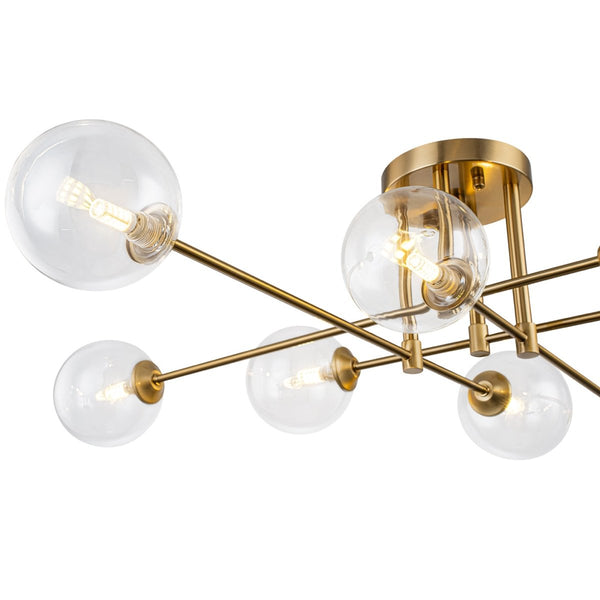 Chandelierias-Mid Century Brass 8-Light Clear Glass Sputnik Linear Semi-flush Mount-Semi Flush-Brass-
