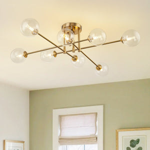 Chandelierias-Mid Century Brass 8-Light Clear Glass Sputnik Linear Semi-flush Mount-Semi Flush-Brass-