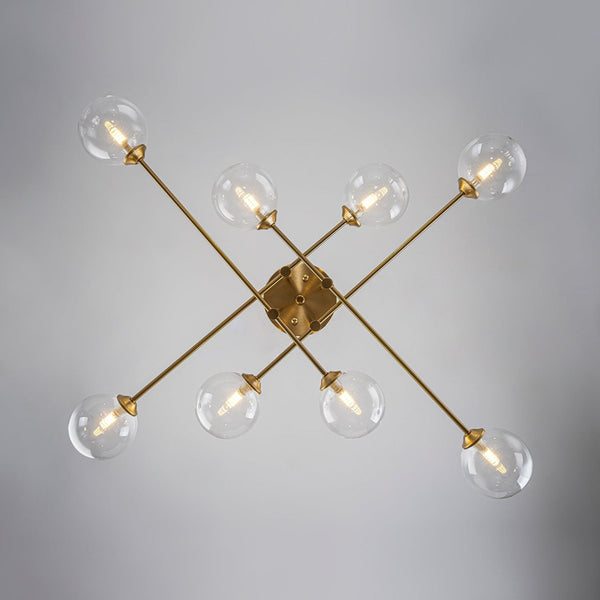 Chandelierias-Mid Century Brass 8-Light Clear Glass Sputnik Linear Semi-flush Mount-Semi Flush-Brass-