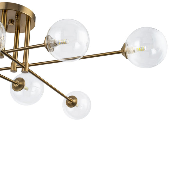 Chandelierias-Mid Century Brass 8-Light Clear Glass Sputnik Linear Semi-flush Mount-Semi Flush-Brass-