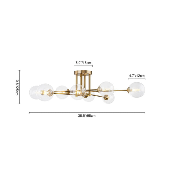 Chandelierias-Mid Century Brass 8-Light Clear Glass Sputnik Linear Semi-flush Mount-Semi Flush-Brass-