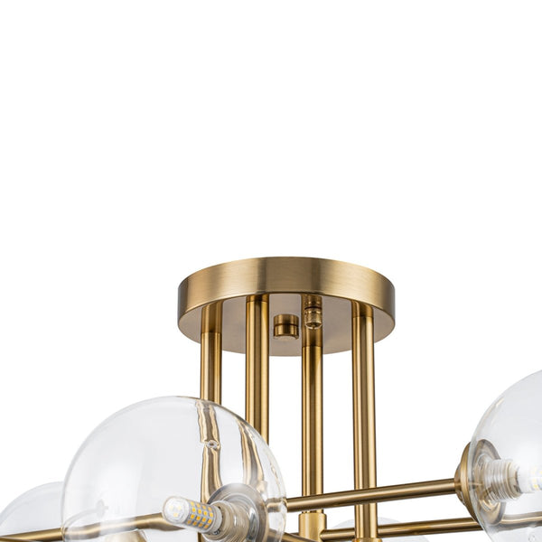 Chandelierias-Mid Century Brass 8-Light Clear Glass Sputnik Linear Semi-flush Mount-Semi Flush-Brass-