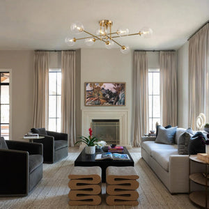 Chandelierias-Mid Century Brass 8-Light Clear Glass Sputnik Linear Semi-flush Mount-Semi Flush-Brass-