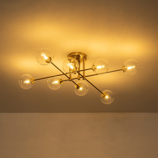 Chandelierias-Mid Century Brass 8-Light Clear Glass Sputnik Linear Semi-flush Mount-Semi Flush-Brass-