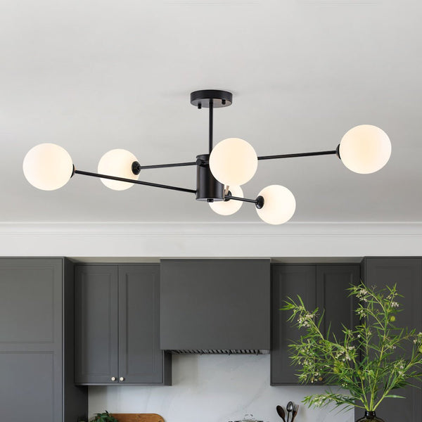 Chandelierias - Mid - century Modern 6 - Light Sputnik Frosted Glass Semi - flush Mount - Semi Flush - 6 Bulbs - Black