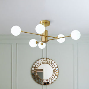 Chandelierias - Mid - century Modern 6 - Light Sputnik Frosted Glass Semi - flush Mount - Semi Flush - 6 Bulbs - Brass