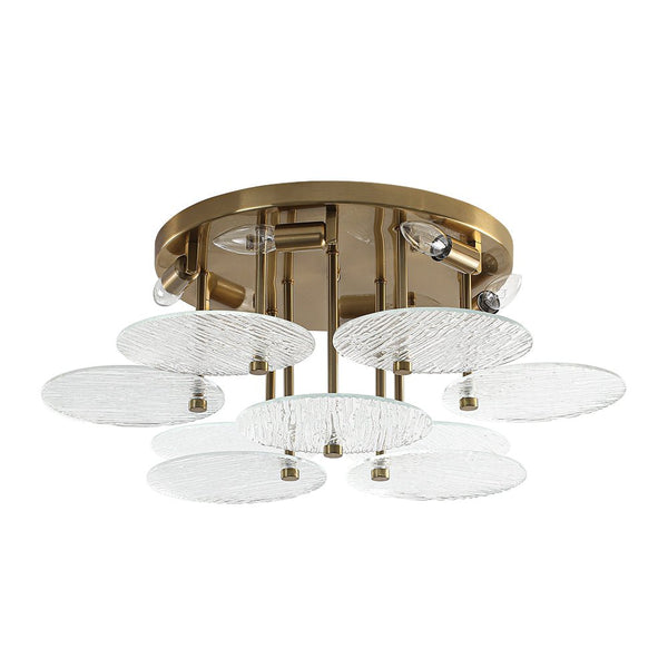 Chandelierias - Mid - Century Modern 6 - Light Transparent Rain Texture Glass Disc Flush Mount - Semi Flush - Brass - 