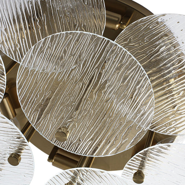 Chandelierias - Mid - Century Modern 6 - Light Transparent Rain Texture Glass Disc Flush Mount - Semi Flush - Brass - 