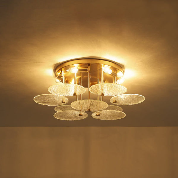 Chandelierias - Mid - Century Modern 6 - Light Transparent Rain Texture Glass Disc Flush Mount - Semi Flush - Brass - 