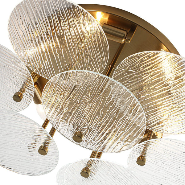 Chandelierias - Mid - Century Modern 6 - Light Transparent Rain Texture Glass Disc Flush Mount - Semi Flush - Brass - 