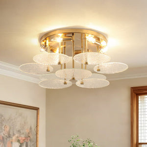 Chandelierias - Mid - Century Modern 6 - Light Transparent Rain Texture Glass Disc Flush Mount - Semi Flush - Brass - 