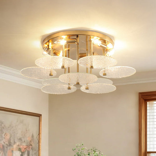 Chandelierias - Mid - Century Modern 6 - Light Transparent Rain Texture Glass Disc Flush Mount - Semi Flush - Brass - 