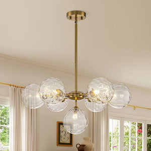 Chandelierias - Mid - Century Modern 7 - Light Clear Hammered Glass Chandelier - Chandeliers - Brass - 