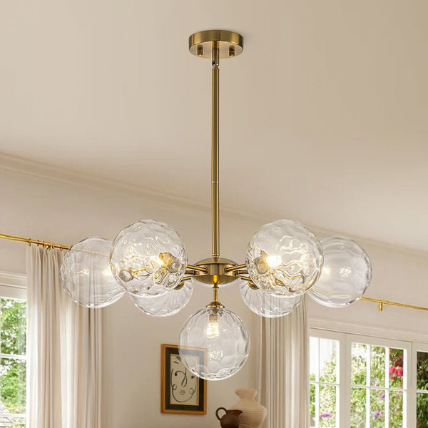 Chandelierias - Mid - Century Modern 7 - Light Clear Hammered Glass Chandelier - Chandeliers - Brass - 
