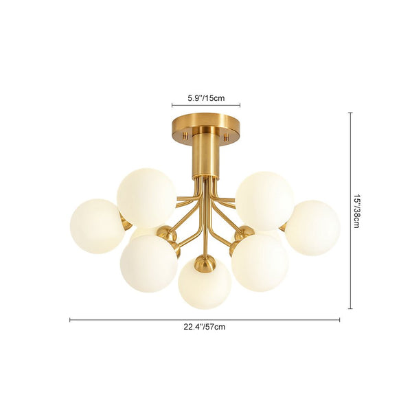 Chandelierias - Mid - century Modern 9 - Light Frosted Glass Sputnik Semi - Flush Mount - Semi Flush - Brass - 