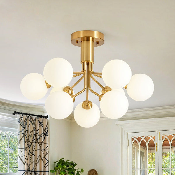 Chandelierias - Mid - century Modern 9 - Light Frosted Glass Sputnik Semi - Flush Mount - Semi Flush - Brass - 