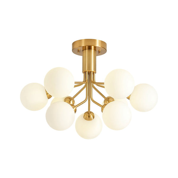 Chandelierias - Mid - century Modern 9 - Light Frosted Glass Sputnik Semi - Flush Mount - Semi Flush - Brass - 