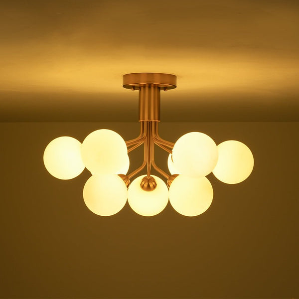 Chandelierias - Mid - century Modern 9 - Light Frosted Glass Sputnik Semi - Flush Mount - Semi Flush - Brass - 