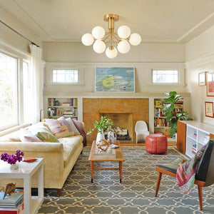 Chandelierias - Mid - century Modern 9 - Light Frosted Glass Sputnik Semi - Flush Mount - Semi Flush - Brass - 