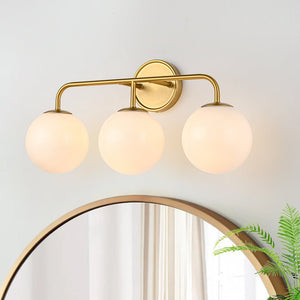 Chandelierias - Mid - century Modern Opal Glass Globe Vanity Light - Wall Light - Brushed Gold - 3 Bulbs