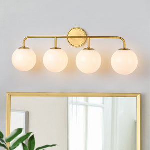 Chandelierias - Mid - century Modern Opal Glass Globe Vanity Light - Wall Light - Brushed Gold - 4 Bulbs