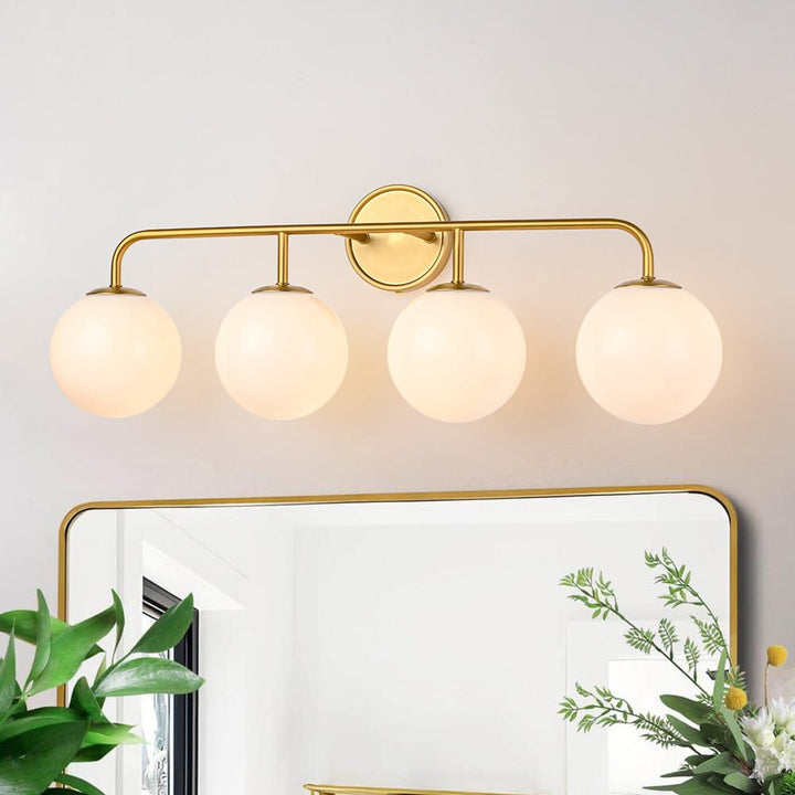 Chandelierias - Mid - century Modern Opal Glass Globe Vanity Light - Wall Light - Brushed Gold - 4 Bulbs