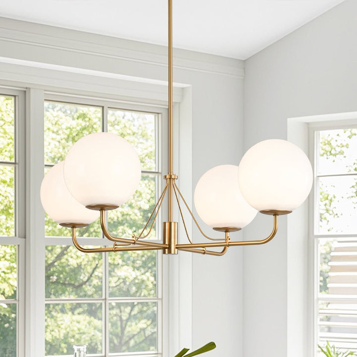 Chandelierias - Mid - century Modern Symmetrical 4 - Light Opal Glass Sphere Chandelier - Chandeliers - Gold - 