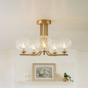 Chandelierias-Mid-century Radial 5-Light Clear Swirled Glass Semi-flush Mount-Semi Flush-Brass-