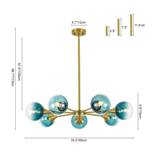 Chandelierias - Mid - century Sphere 7 - Light Cyan - blue Glass Bubble Linear Chandelier - Chandeliers - Brass - 